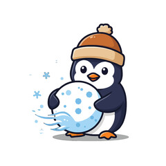 Cute Penguin Wearing Winter Hat Holding Snowball in Snowy Scene
