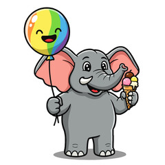 Cute Cartoon Elephant Holding Balloon And Ice Cream in Colorful Illustration