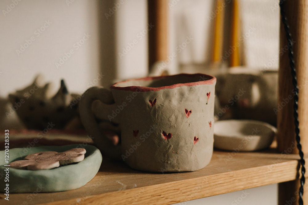 Poster Shelf with handmade clay cups and plates in the pottery studio. Creating ceramics ware with own hands.