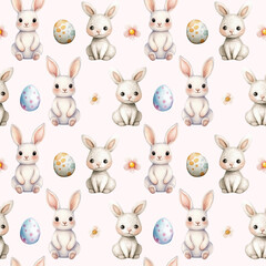 Obraz premium Easter bunny digital paper. Rabbit, eggs, flowers, watercolor seamless pattern. Repeating tile for wrapping, fabric, kids textile, children's clothing, spring holiday wallpaper, pink background