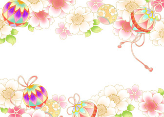 華やかな桜の花と手毬のフレームイラスト