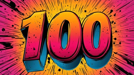 Colorful explosion of the number 100 signifies achievement and celebration in a vibrant style with dynamic background effects and bright hues