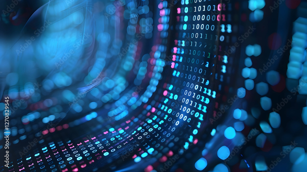 Poster abstract digital background with binary code flowing through a vibrant network of lights