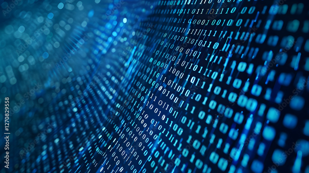 Poster abstract representation of binary code flowing in a digital environment with blue tones