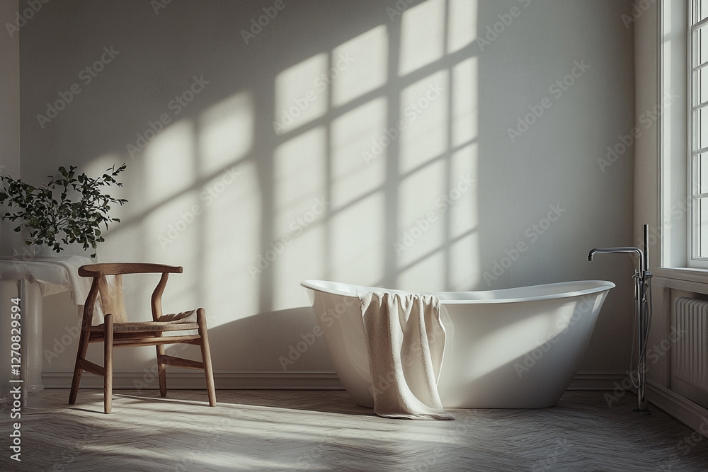 Wall mural Serene bathroom interior with natural light and a freestanding tub, creating a spa-like ambiance. A wooden chair adds warmth to the space.