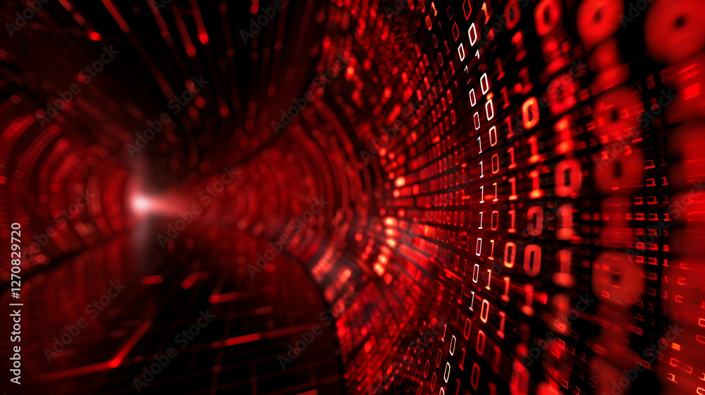Poster abstract digital tunnel with glowing red binary code, creating a futuristic atmosphere