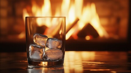 A simple water glass with ice cubes placed near a glowing fireplace