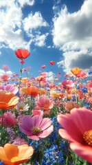 Colorful wildflower field under a bright blue sky with fluffy clouds on a sunny day in spring