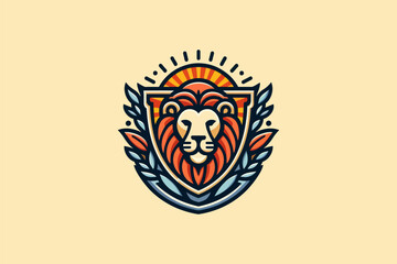 An illustration of a lion with leaf elements, a shield, and the sun, symbolizing strength and nature.