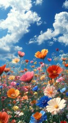 Obraz premium Bright and colorful wildflower field under a blue sky filled with fluffy clouds during a sunny spring day