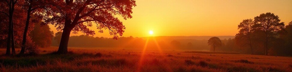 Naklejka premium Softly fading sunlight casting warm glow on last orange and yellow leaves of trees, tree tops, nature, sunset