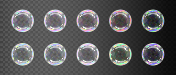 Soap bubbles balls set of rainbow color, Color spectrum effect transparent sphere, Vector illustration realism.