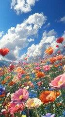 Obraz premium Vibrant flower field in springtime under blue sky filled with colorful blossoms and fluffy clouds