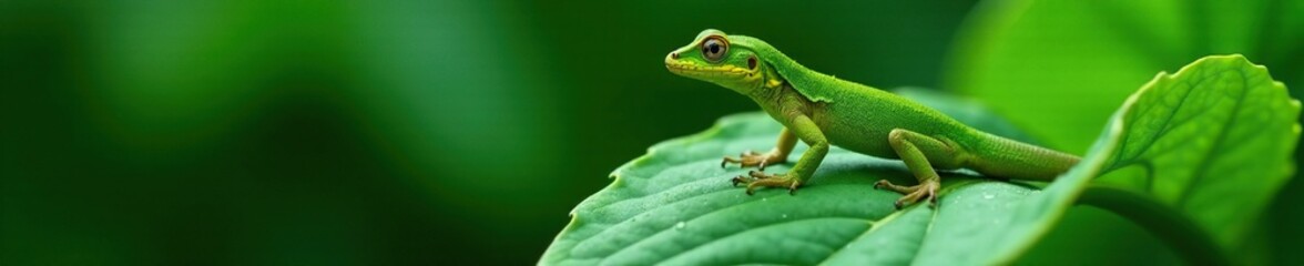 Fototapeta premium Water droplets glisten on the surface of a lamb's ear leaf as a green anole lizard climbs up, , wildlife