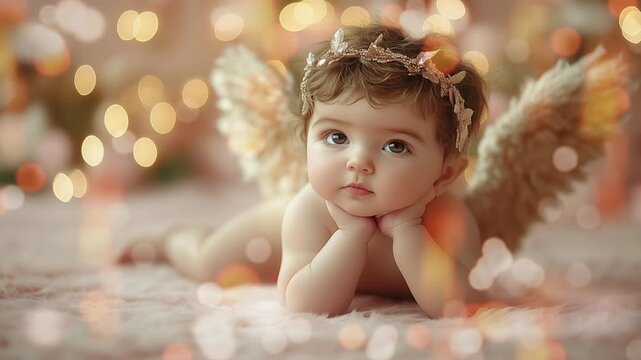 Adorable Baby Angel with Wings and Golden Crown in a Soft Bokeh Background