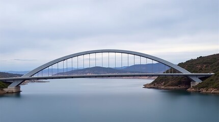Obraz premium Elegant Arch Bridge Spanning Calm Water with Hill Landscape in Background
