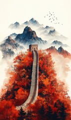 Majestic view of Great Wall in autumn surrounded by colorful foliage and misty mountains at sunrise