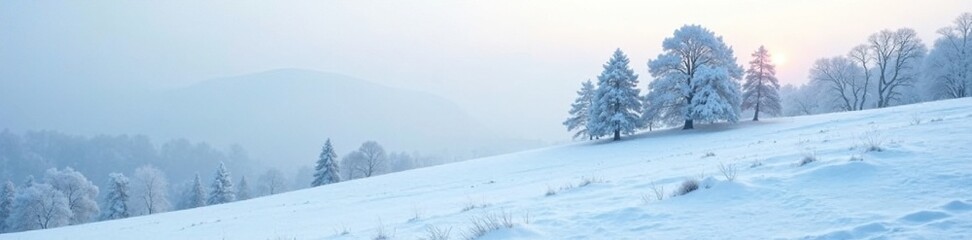 Obraz premium Snowy hillside with rounded trees and misty atmosphere, serene, soft focus, snowy hill