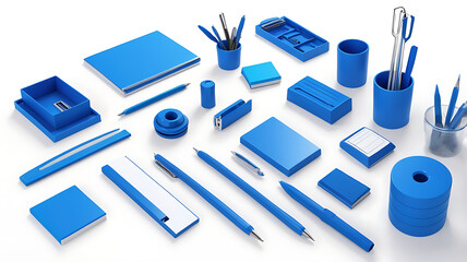 3d render of blue colored office supplies floating against white background

