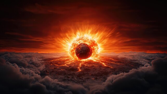 Asteroid impact concept. A dramatic celestial event featuring a fiery explosion in the sky.