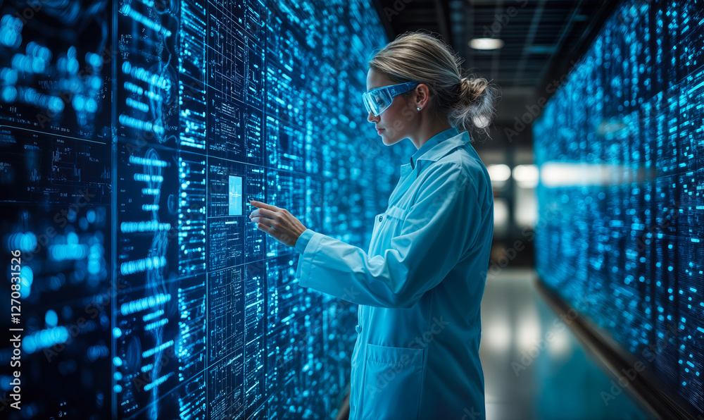 Poster futuristic data analysis concept with scientist using advanced digital interface in laboratory envir