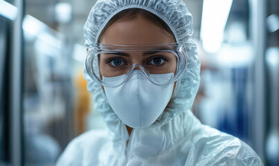 Female Scientist in Protective Gear Maintaining Safety Standards in a Laboratory Environment for Advanced Biotech Research