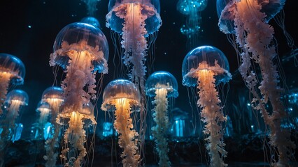 A floating jellyfish cathedral, its translucent domes illuminated by ethereal blue light.