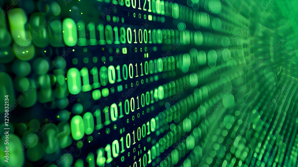 Poster abstract representation of binary code cascading down a digital background in green hues
