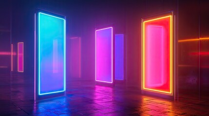 Glowing neon frames create an abstract surreal and vibrant display