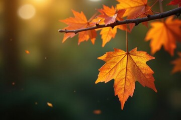 Fototapeta premium Golden leaf ornament suspended from a tree branch amidst autumn leaves, autumn, branch,