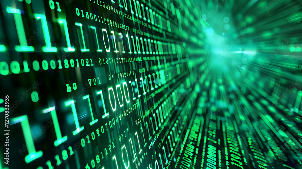 Poster abstract representation of digital data flow with binary code in vibrant green tones