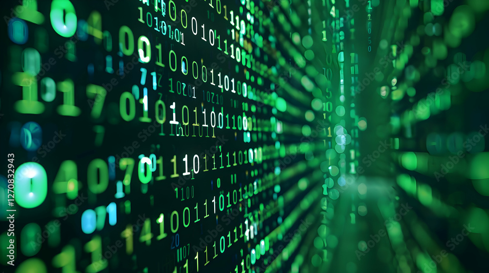 Poster abstract representation of binary code cascading down in a digital environment with green hues
