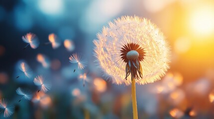 Dandelion seeds floating in the golden glow of sunset in a serene meadow filled with soft colors and delicate nature beauty