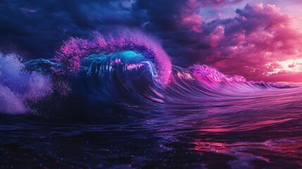 Majestic ocean wave illuminated with vibrant neon hues against dramatic sunset sky