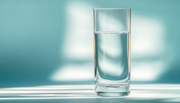 A tall glass of water standing against a bright minimalist background - Powered by Adobe