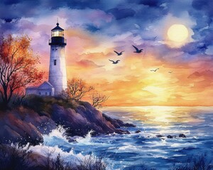 Sunset view of a lighthouse by the coast with vibrant colors and a serene ocean atmosphere