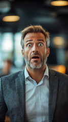 Fototapeta premium Surprised man in formal attire reacts during an unexpected situation in a modern office setting
