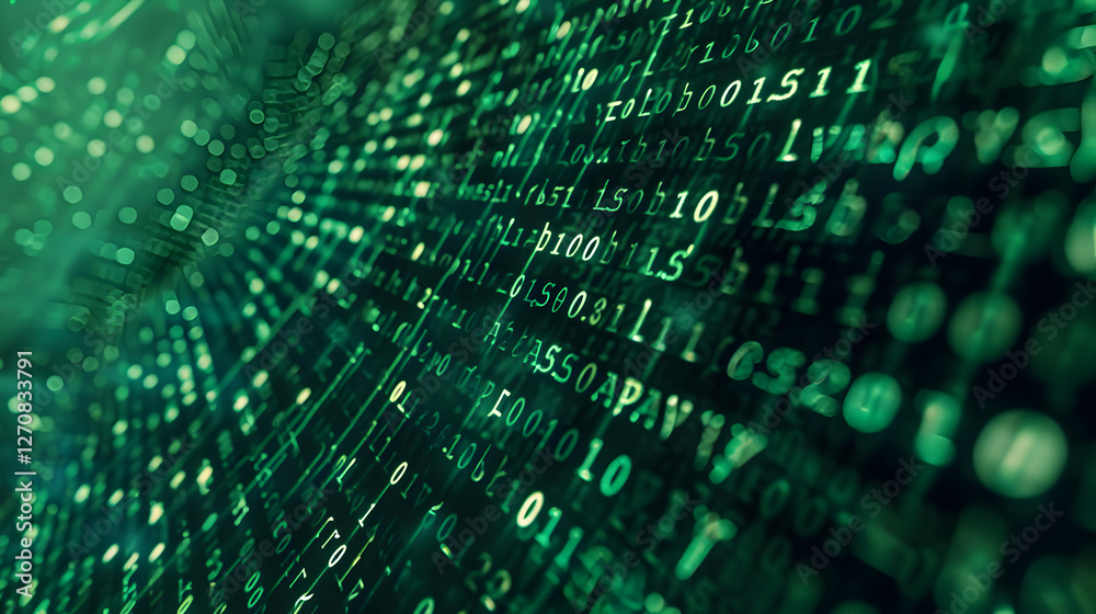 Fototapete Abstract representation of flowing binary code in green tones, symbolizing digital data movement