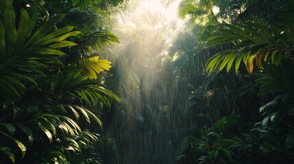 Naklejka premium Lush rainforest bathed in sunlight during a gentle rain shower in the early morning