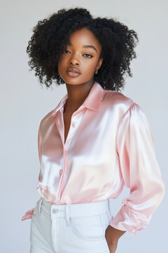 Stylish woman in a pink satin shirt and white jeans with confident, modern fashion sense