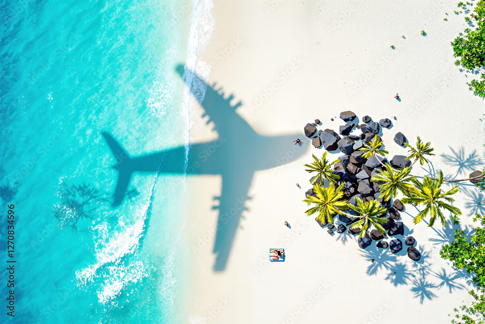 Poster aerial view of airplane shadow over tropical beach with palm trees and turquoise water.