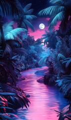 Surreal nighttime jungle river scene with vibrant pink and blue hues under a full moon