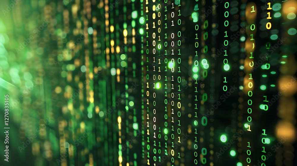 Poster abstract green and gold binary code background with glowing elements for digital themes