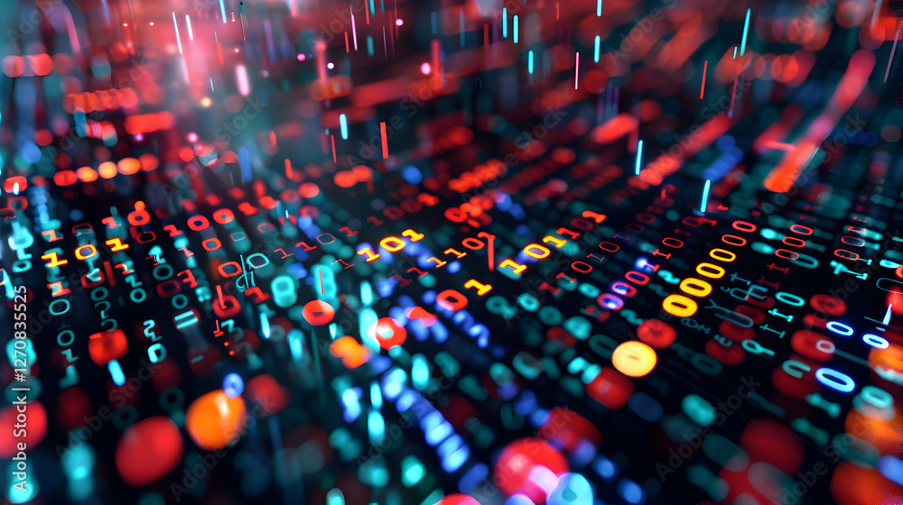 Poster abstract digital data stream with vibrant binary code, symbolizing technology and innovation