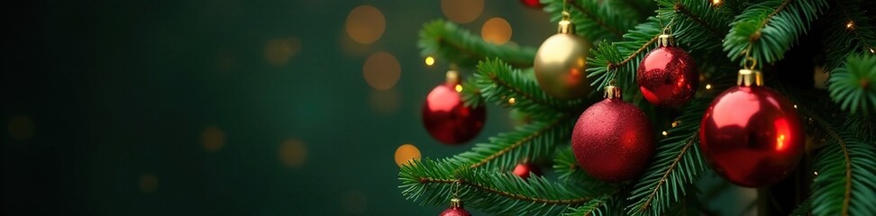 Obraz premium Red and golden balls adorn the branches of a majestic fir tree, ornaments, colorful balls