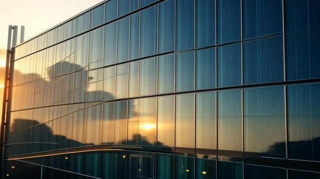 Sunset reflections on modern glass building in urban setting