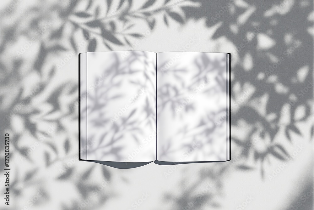 Poster open blank book mockup with soft leaf shadows on a light background.