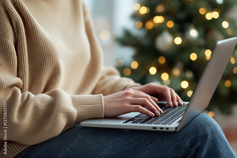 Poster close-up of hands typing on laptop with blurred christmas tree lights in background.