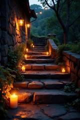 Obraz premium Soft candlelight dances on stone steps at dusk, warm light, candles