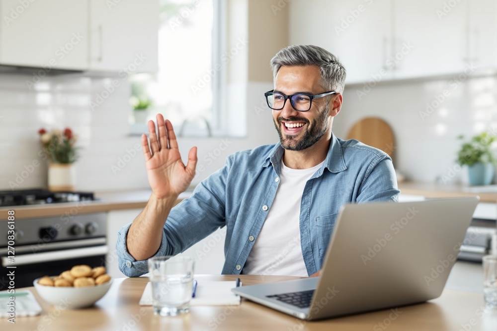 Poster smiling man waving during a video call in a bright modern kitchen.